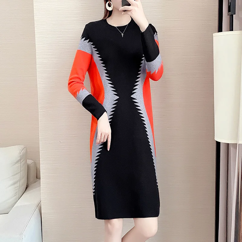 

Plus Size Women Clothing Knitted Sweater Dress Women Spring Autumn Fashion Luxury O Neck Patchwork A Line Dresses Vestidos