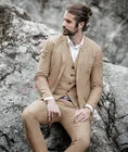 Мужской льняной костюм из трех предметов, смокинг и брюки, бежевого цвета, Повседневный, 2020