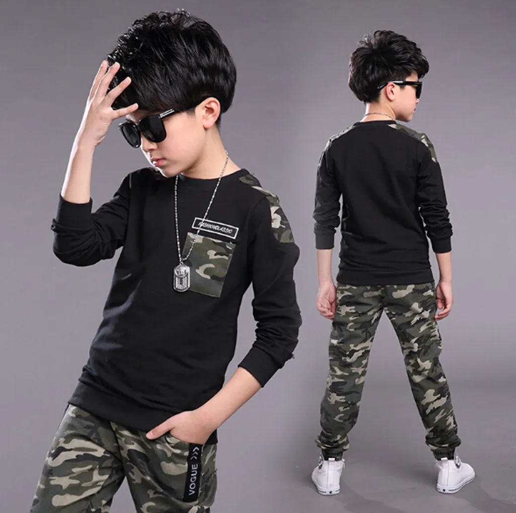 2019 Autumn and winter hot children's clothing boy casual sportswear letter top + camouflage pants suit детская одежда 40* |