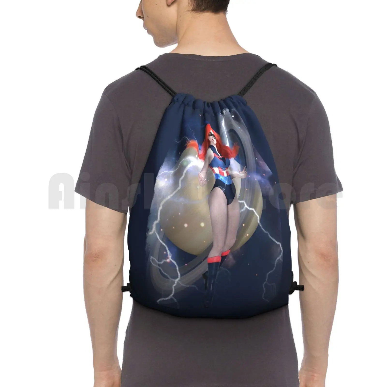 

Superhero Backpack Drawstring Bags Gym Bag Waterproof Superhero Superheroine Saturn Space Lightning Planets Costume