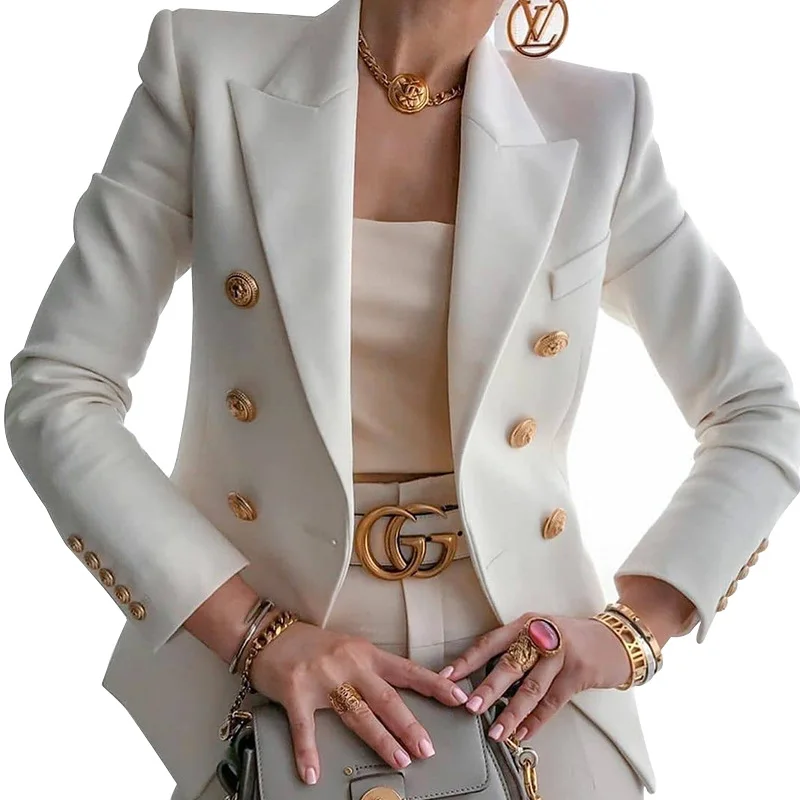 

Women Casual Blazers Button Jackets Coats Notched Long Sleeves Double Breasted Office Lady Solid Suits 2021 Black Blazer