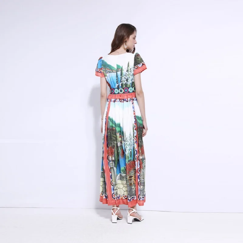 

4xl 5xl 6xl Plus Size 2020 Spring Summer High Quality Women V-Neck Vintage Print Short Sleeve Long Maxi Dress Beach