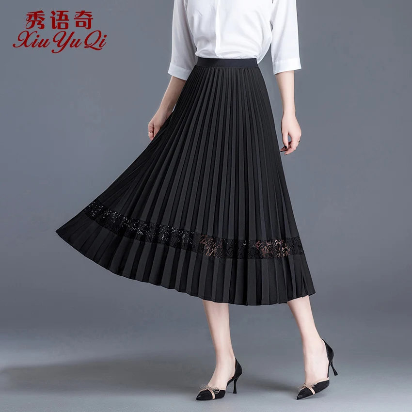 Женская кружевная юбка элегантная длинная Плиссированная черного цвета на
