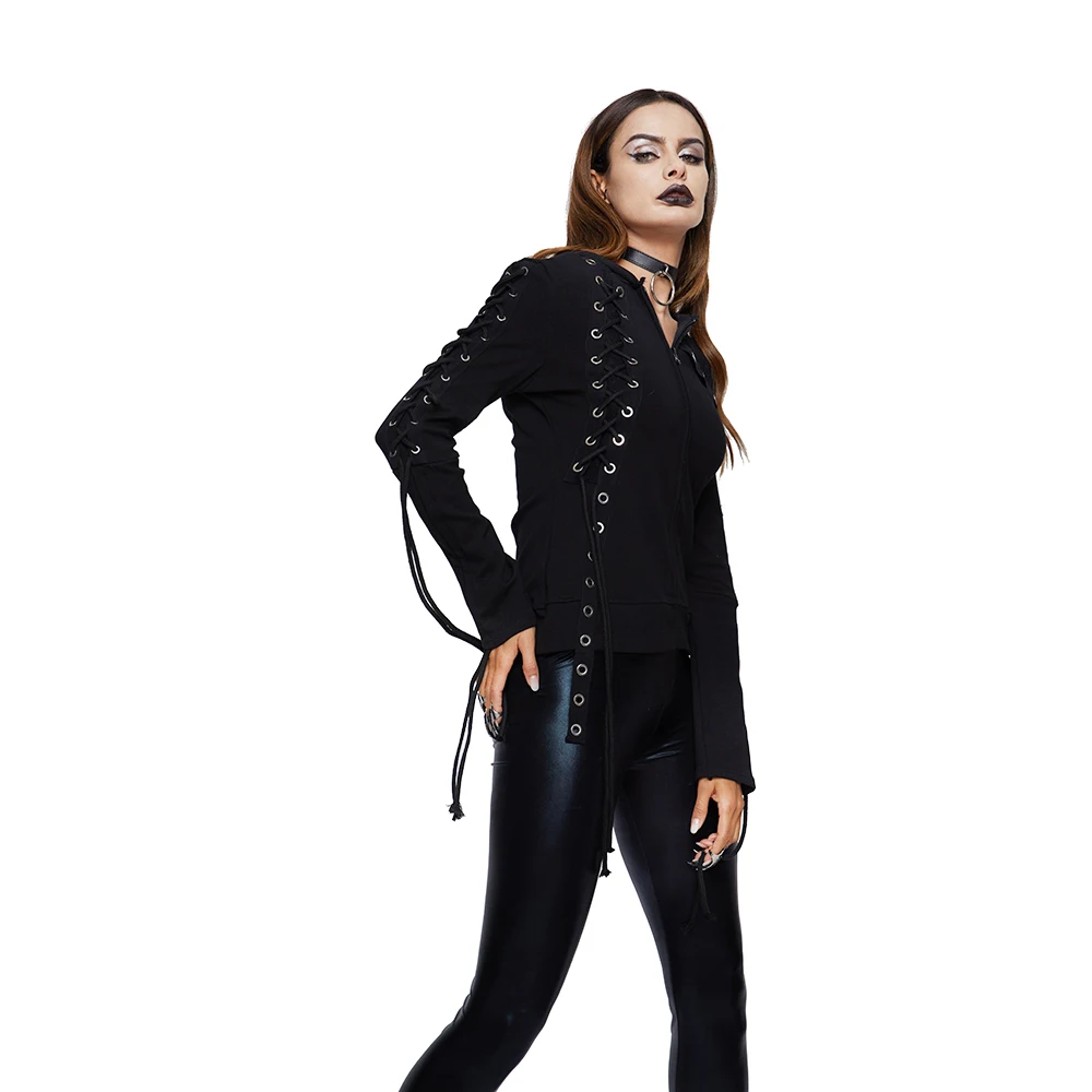 

Knitted Hoodies Women Brand Gothic Streetwear Hipster Holes Lace up Punk Black Hooded Top Girl Spring Casual Hoodie Sweatshirt