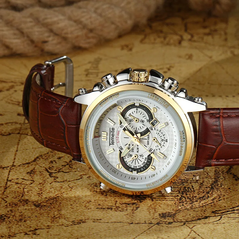 TEMEITE Спортивные Повседневные кварцевые часы для мужчин с кожаным ремешком