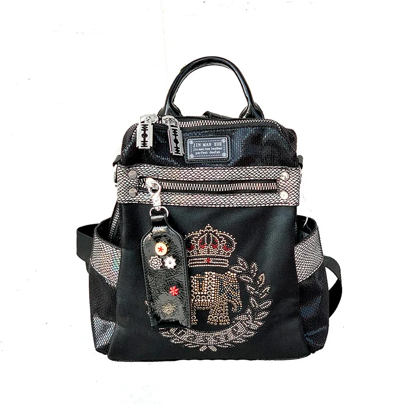 

New Women's Leather Backpack Dual-use Mochila Femenina Large Capacity Shoulder Bag Rivet Elephent Print Ita Bolsas
