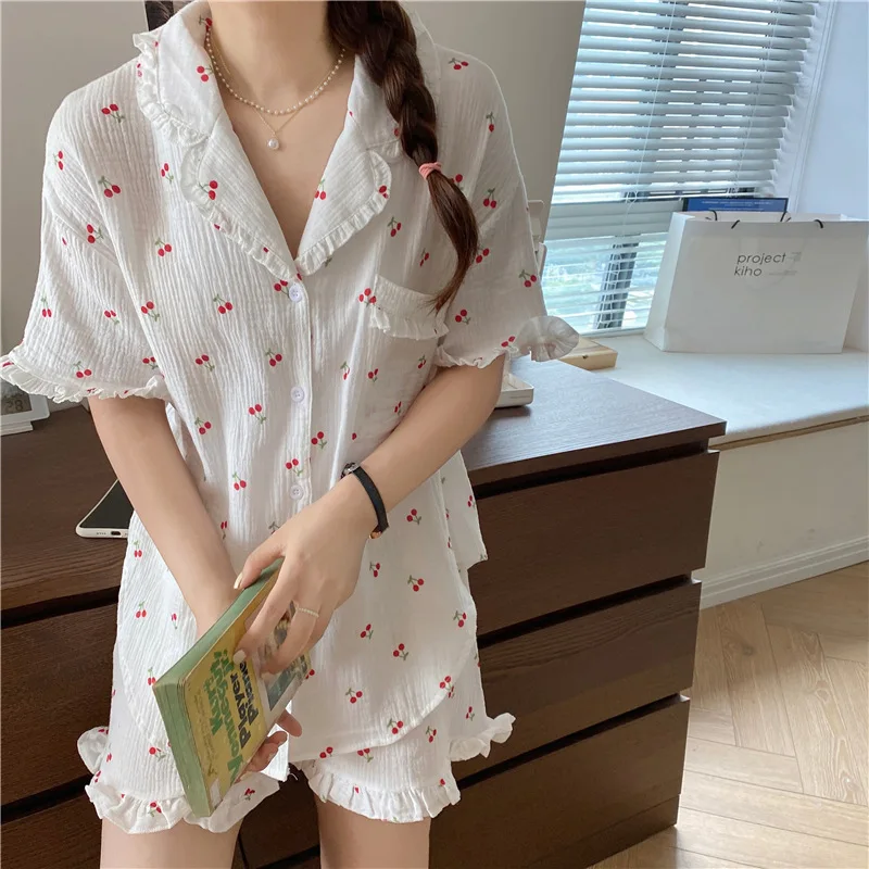 Pajamas Women's 2021 Summer New Product Sweet Soft Cotton Short Sleeve Suit Nightgown Housewear Female Sleepwear Lady Nightwear