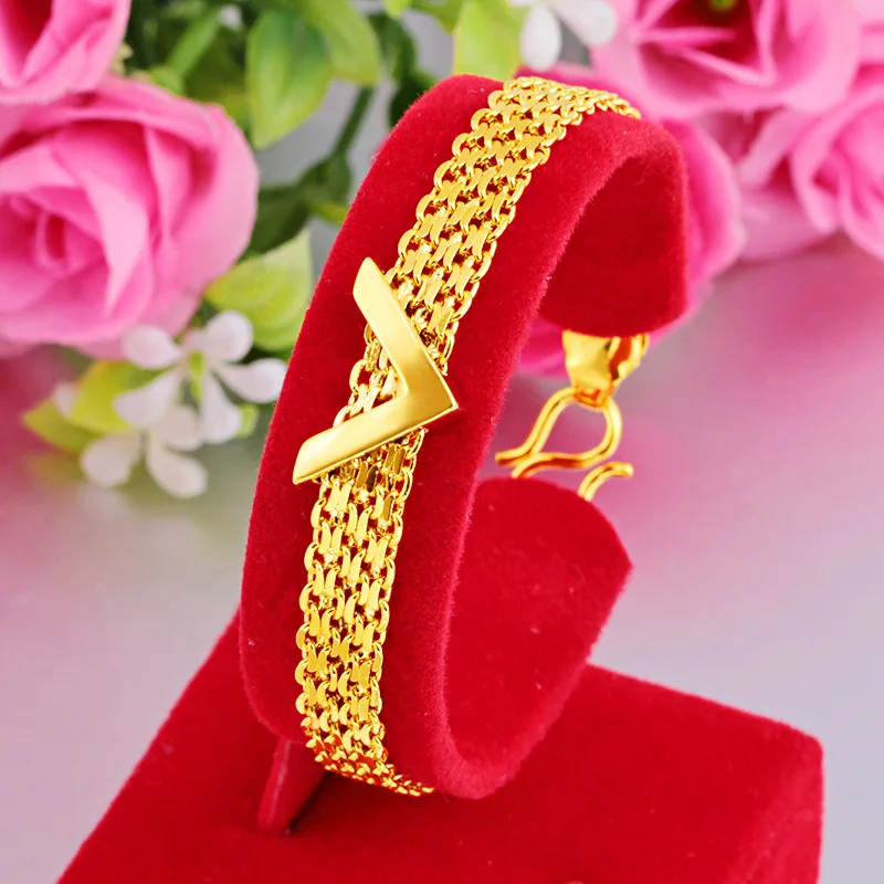 

Vietnam Sand Gold Bracelet For Women Men 24K Yellow Gold Plated Double-layer Transfer Bead V-shaped Bracelet Hand Chain Jewelry