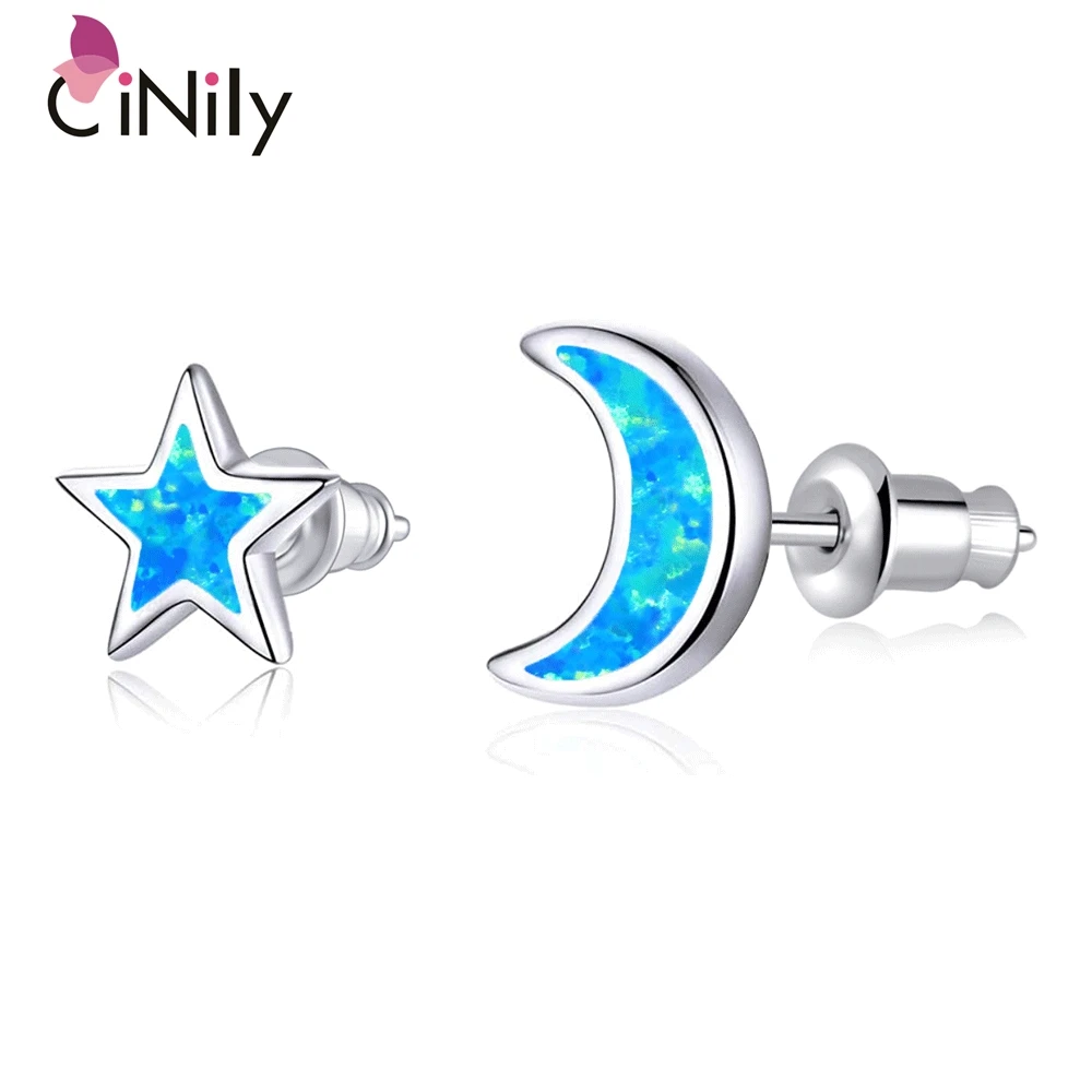 

CiNily Cute Fire ​Opal Earrings White Gold Plated Moon and Star Stud Earrings for Girls Lovely Fashion Jewelry Gifts for Women