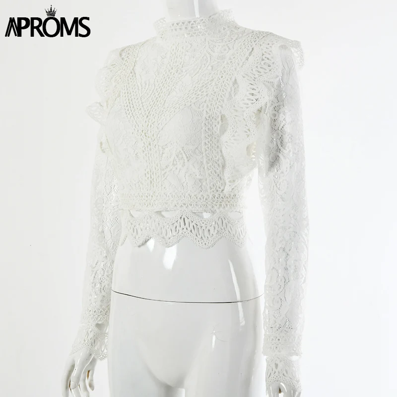 Aproms, винтажная женская футболка с кружевной отделкой, с вышивкой, элегантная, высокая горловина, длинный рукав, укороченный топ, женские вечерние футболки, открытая футболка