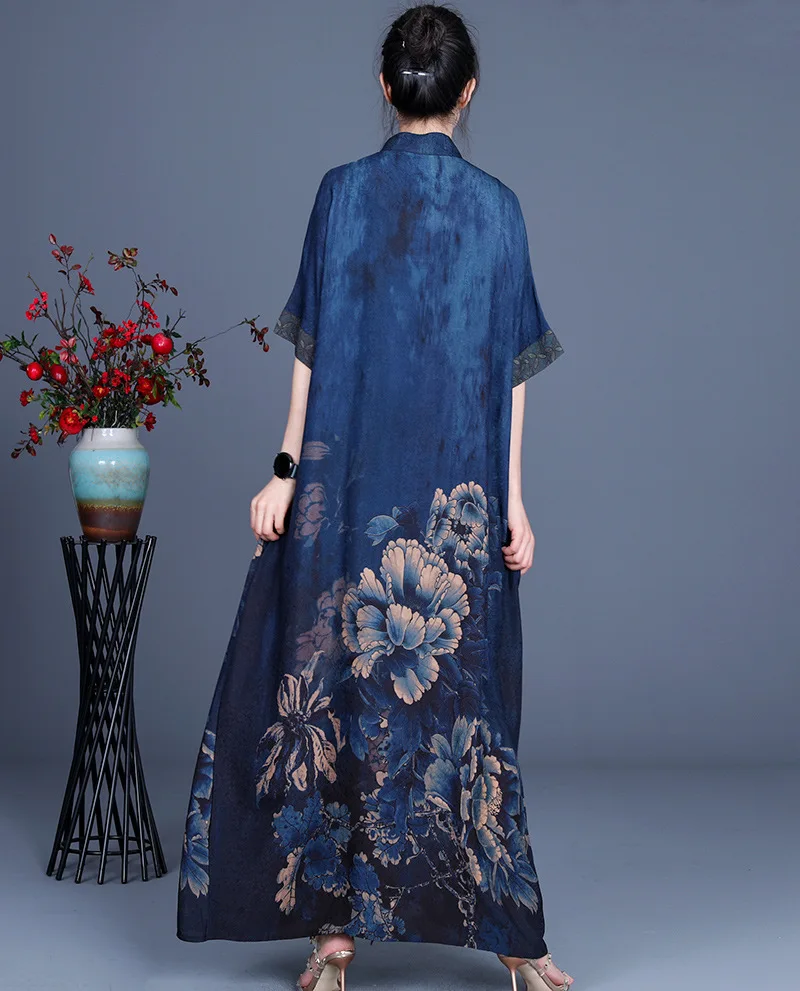 

2021 Summer Fashion Casual Comfortable Loose Irregular Dress Elegant Retro Printing Stitching Stand Collar Female Dress