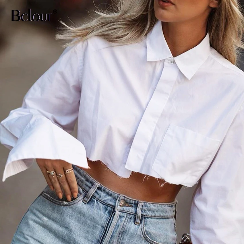 aliexpress.com - Bclout Casual Crop Top Women Blouses Fashion Turn Down Collar White Shirt Flare Sleeve Blouse Female Autumn Sexy Ladies Tops