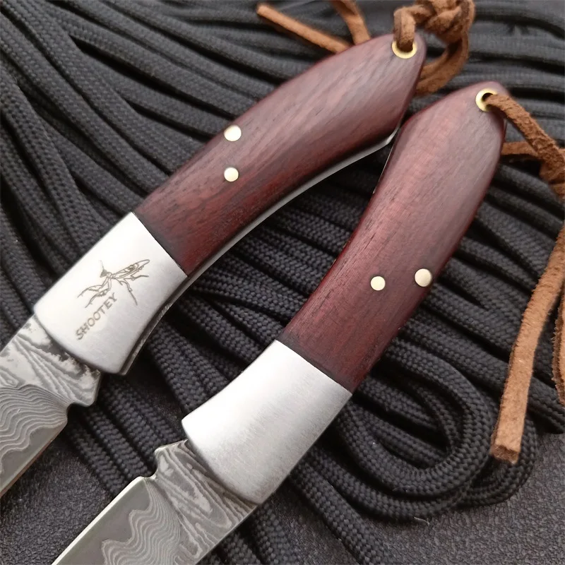 

Damascus Steel Folding Outdoor Edc Mini Pocket Fruit Knife Portable Original Pattern Portable Keychain Sandalwood Handle Knife