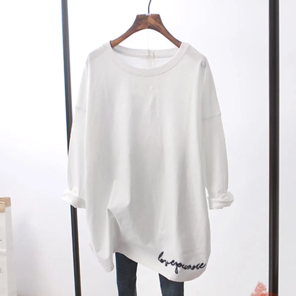 

T-Shirt Long-sleeved Round Neck T-shirts Alphabet Medium-long Ladies Fashion Loosely Dressed Fashionable White T-shirt