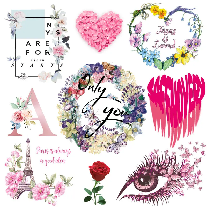 

Flower Patch Butterfly Thermo Patches On Clothes Stripe Heart Thermal Applique For T-Shirt Sticker Iron On Transfer For Clothing