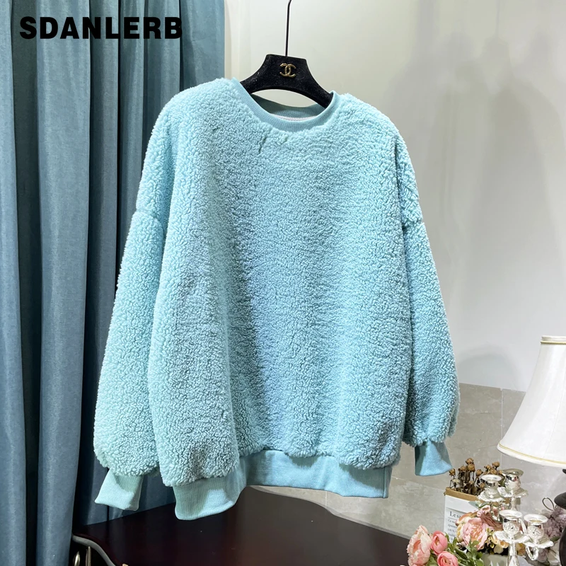 

Свитшот из овечьей шерсти, Свободный пуловер из искусственного меха, с круглым вырезом, новинка 2021, утепленный Женский пушистый свитшот с дл...