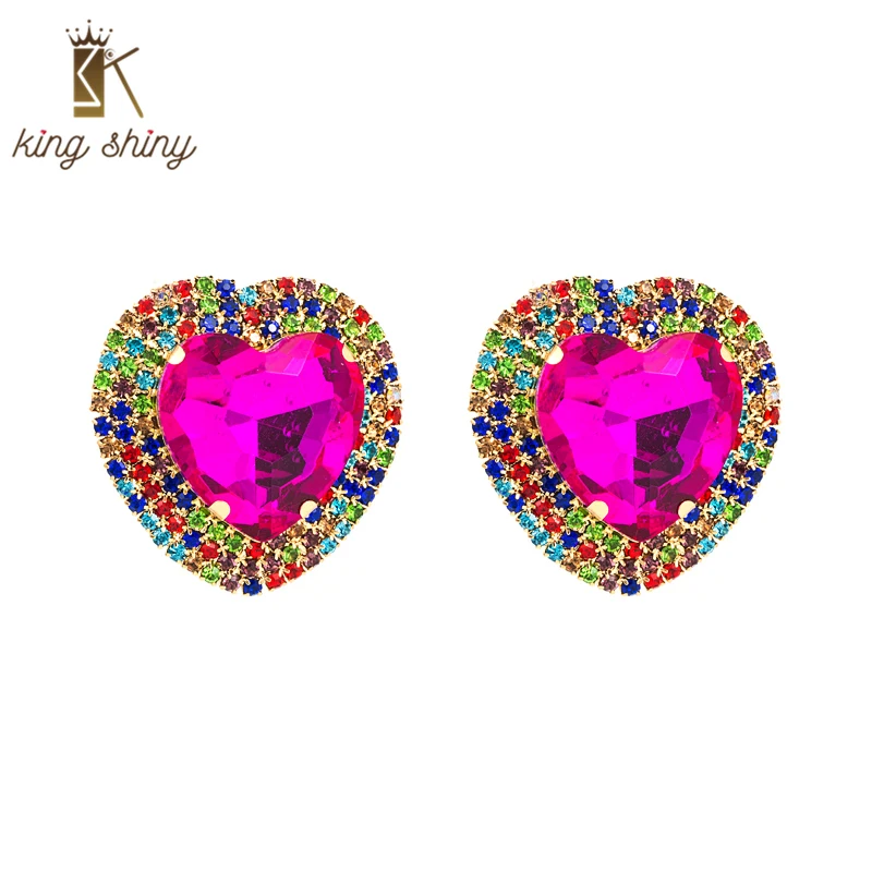 Блестящие красочные серьги-гвоздики King с кристаллами в виде любящего сердца, роскошные сверкающие серьги с бисером, эффектные серьги для де...