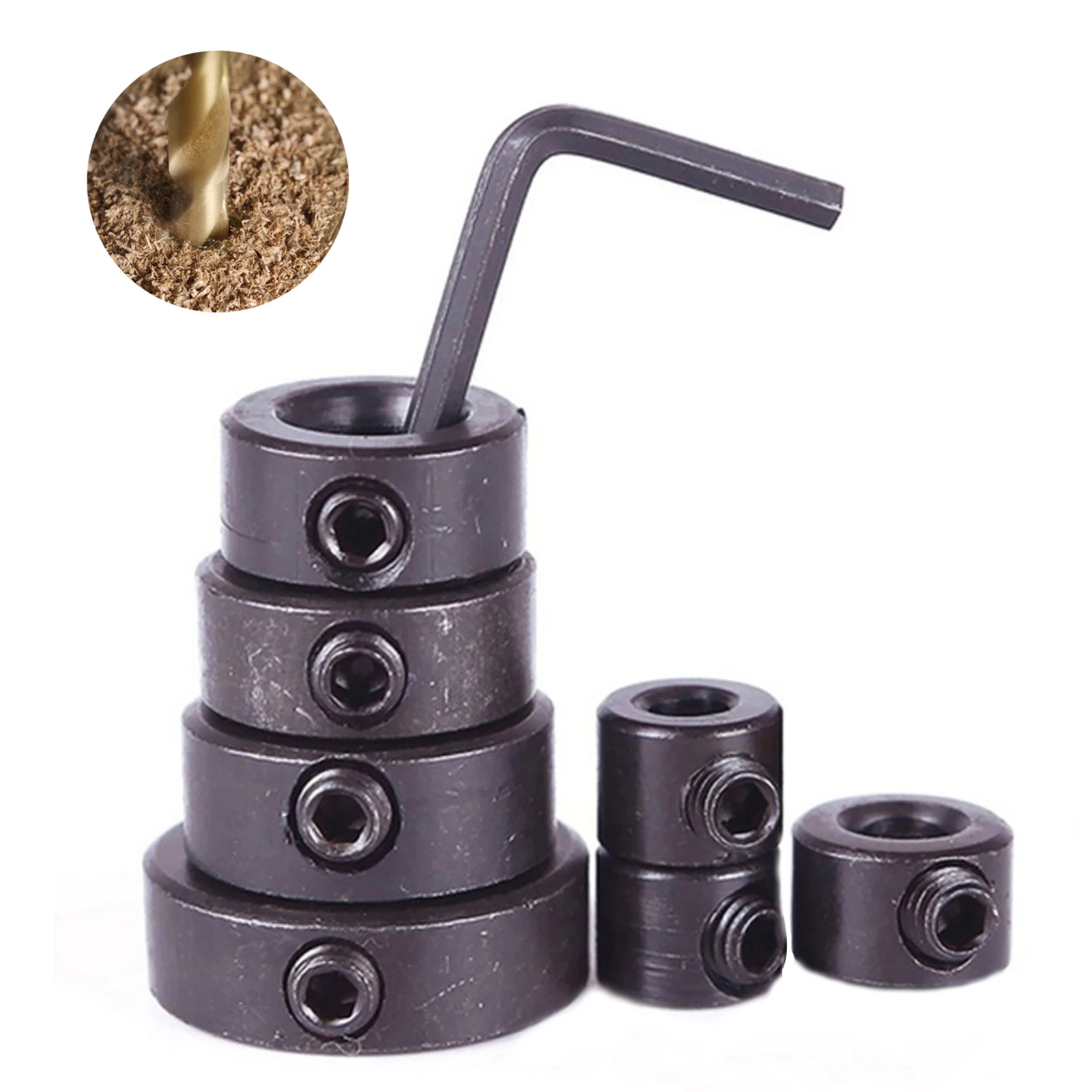 

Carbon Steel Ring Positioner Drill Locator 3-12mm Drill Bit Depth Stop Sleeve Hex Wrench Hand Power Tools for Drilling 8Pcs/Set