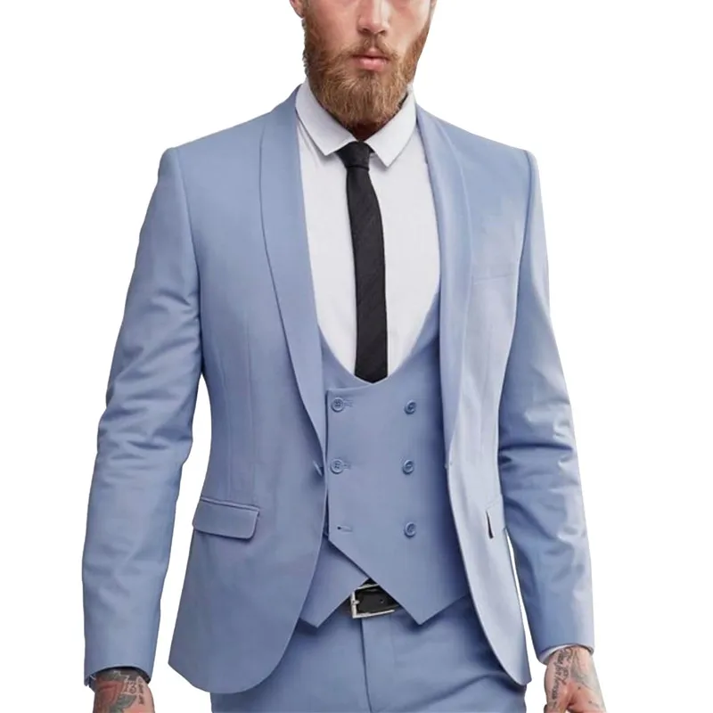 Мужские облегающие костюмы темно-синие/белые деловые смокинги для жениха из 3