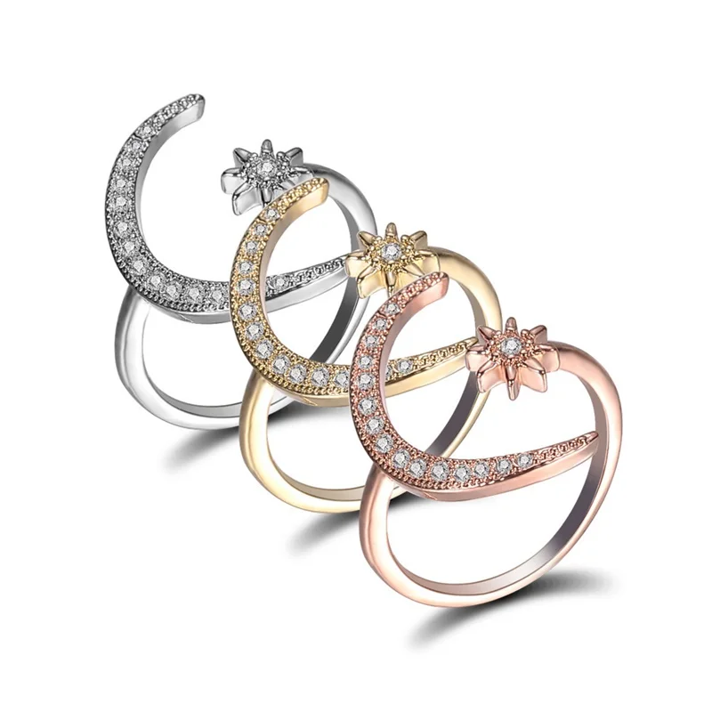 

2021 Sterling Silver Romantic Zircon Star Moon Opening Ring For Fashion Women Minimalist Jewelry Cute Gift