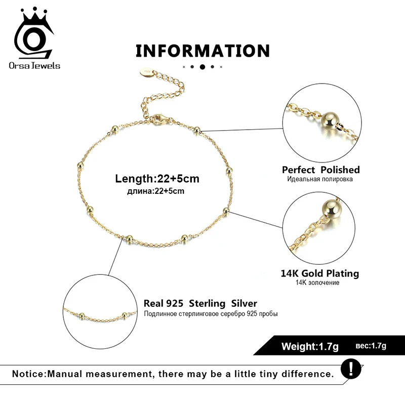 Цепочка на лодыжку ORSA JEWELS из чистого серебра 925 пробы с позолотой 14 карат