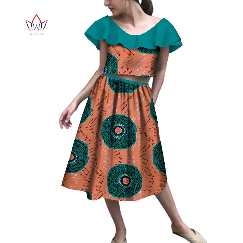 

African Clothes For Women Frill o-neck Outfits Bazin riche Skirt and Top set Mid-carf length Skirt Workwear Clothing Suit WY561