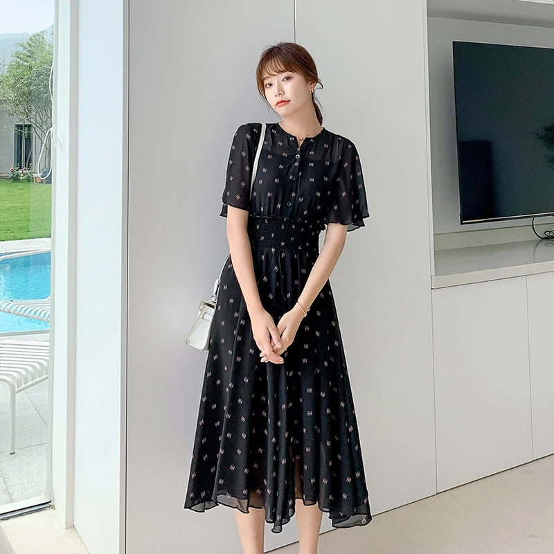 

COIGARSAM Women Long dress Summer Chiffon Floral Print Dresses Black 9112