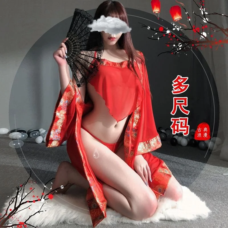 

Fantasy big size sexy underwear female sexy kimono perspective gauze Hanfu ancient bathrobe temptation red bridal dress