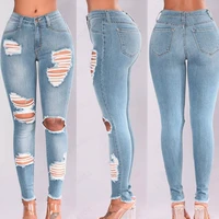 spring female fashion light blue hole jeans female new womens ripped slim fit skinny pants womens jeans