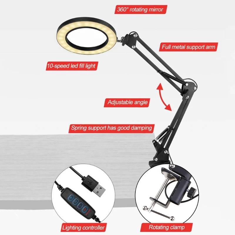 Detachable Magnifying Lamp 4.33" Optical Glass Lens Cantilever 3 Color Modes 10X Magnification 6.30" Aluminum Alloy Frame |