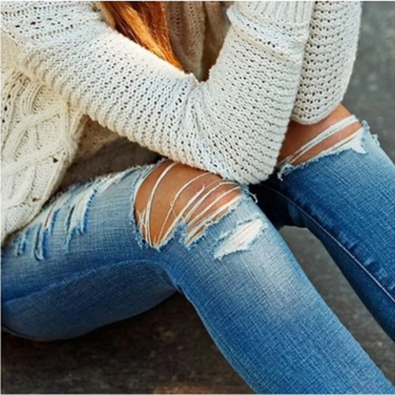 

Fashion Holes Sexy Jeans Mid Waist Zipper Long Denim Jeans For Women Skinny Denim Trousers Women Pencil Pants Light Blue P819241