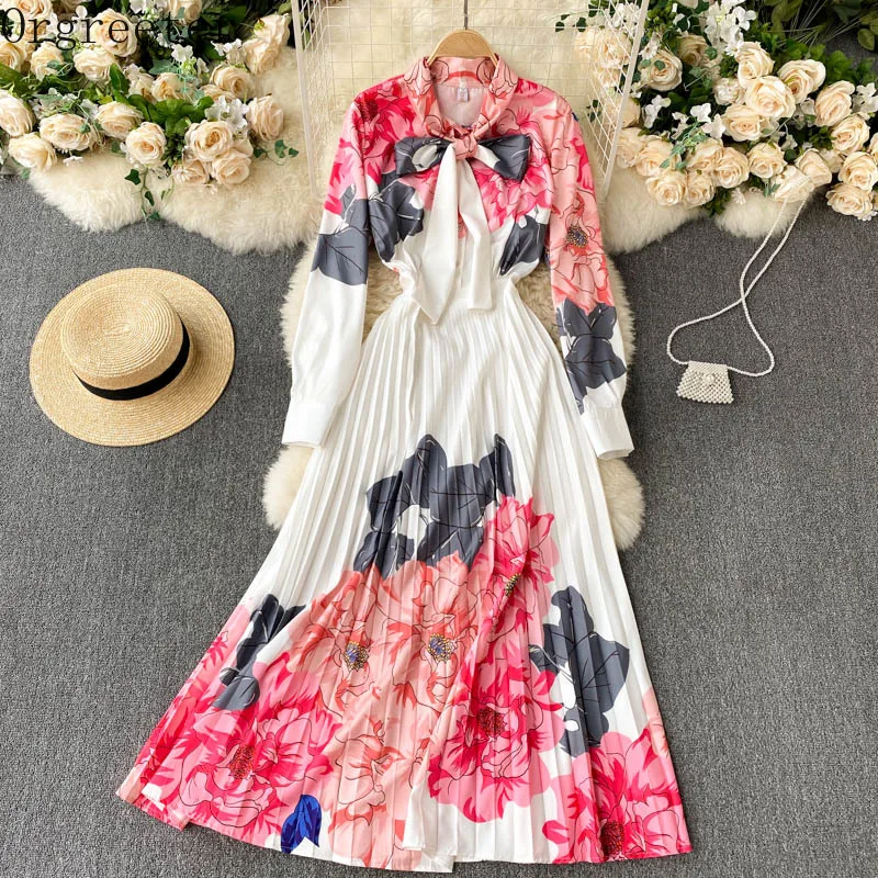 

2021 сезон весна-осень; Элегантные женские High-end галстук-бабочка, кружевное платье с принтом, с завышенной талией, плиссированные длинное плат...