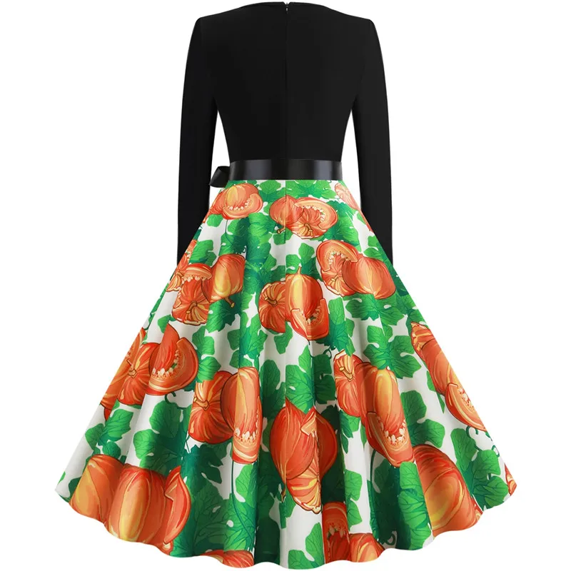 

Women Autumn winter long Sleeve Vintage 3d printing pumpkin dress Halloween carnival Evening Prom Party Round collar Dress