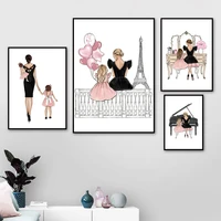 wall art canvas painting fashion mother love littile girl play piano nordic posters and prints wall pictures for living room