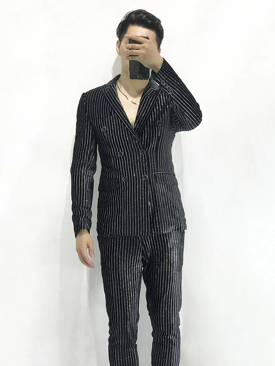 M-3xl новый мужской костюм с плюшевыми вертикальными полосками! Популярный логотип