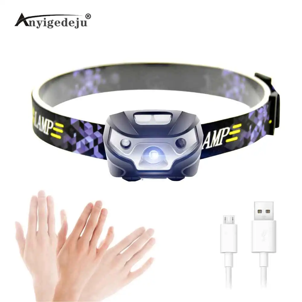 ANYIGE мини USB Перезаряжаемые светодиодный налобный фонарь движения тела Сенсор