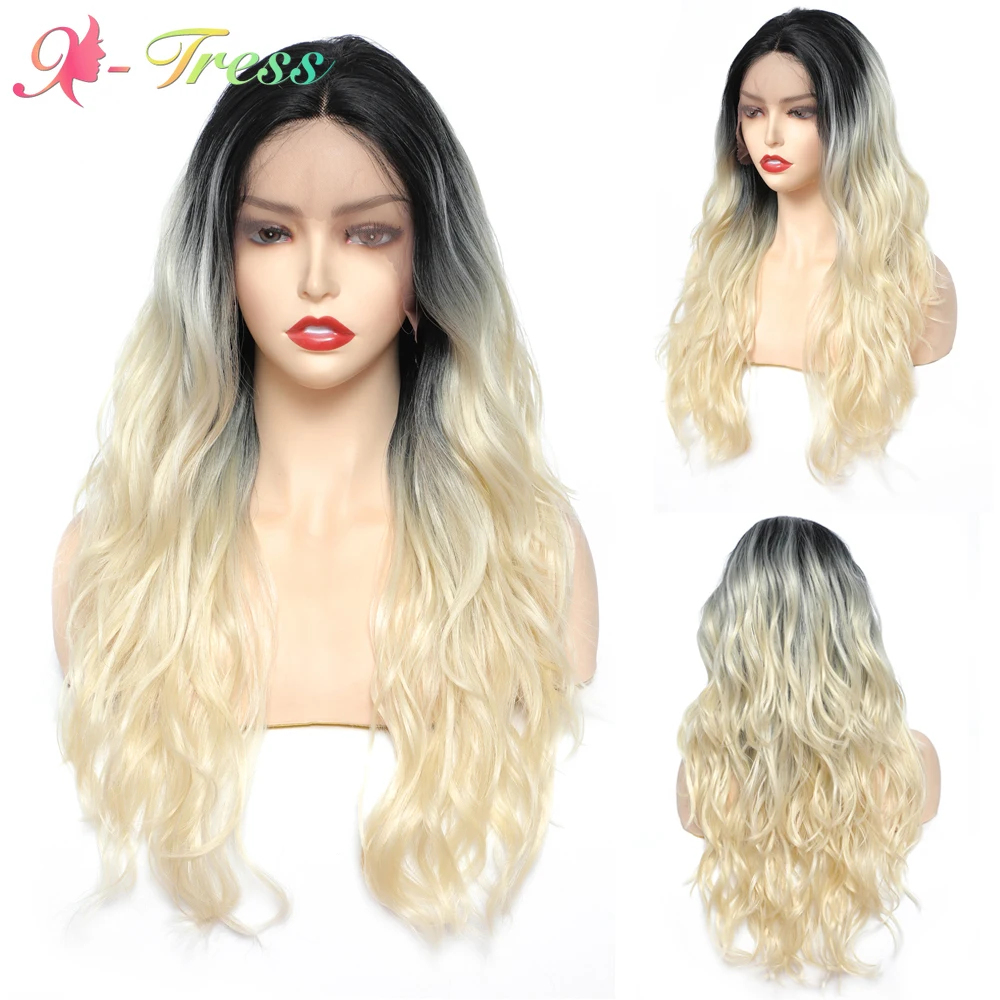 

X-TRESS 613 Lace Front Wig Ombre Blonde Synthetic Wigs for Women Long Natural Wavy Dark Roots Free Part Lace Wigs with Baby Hair