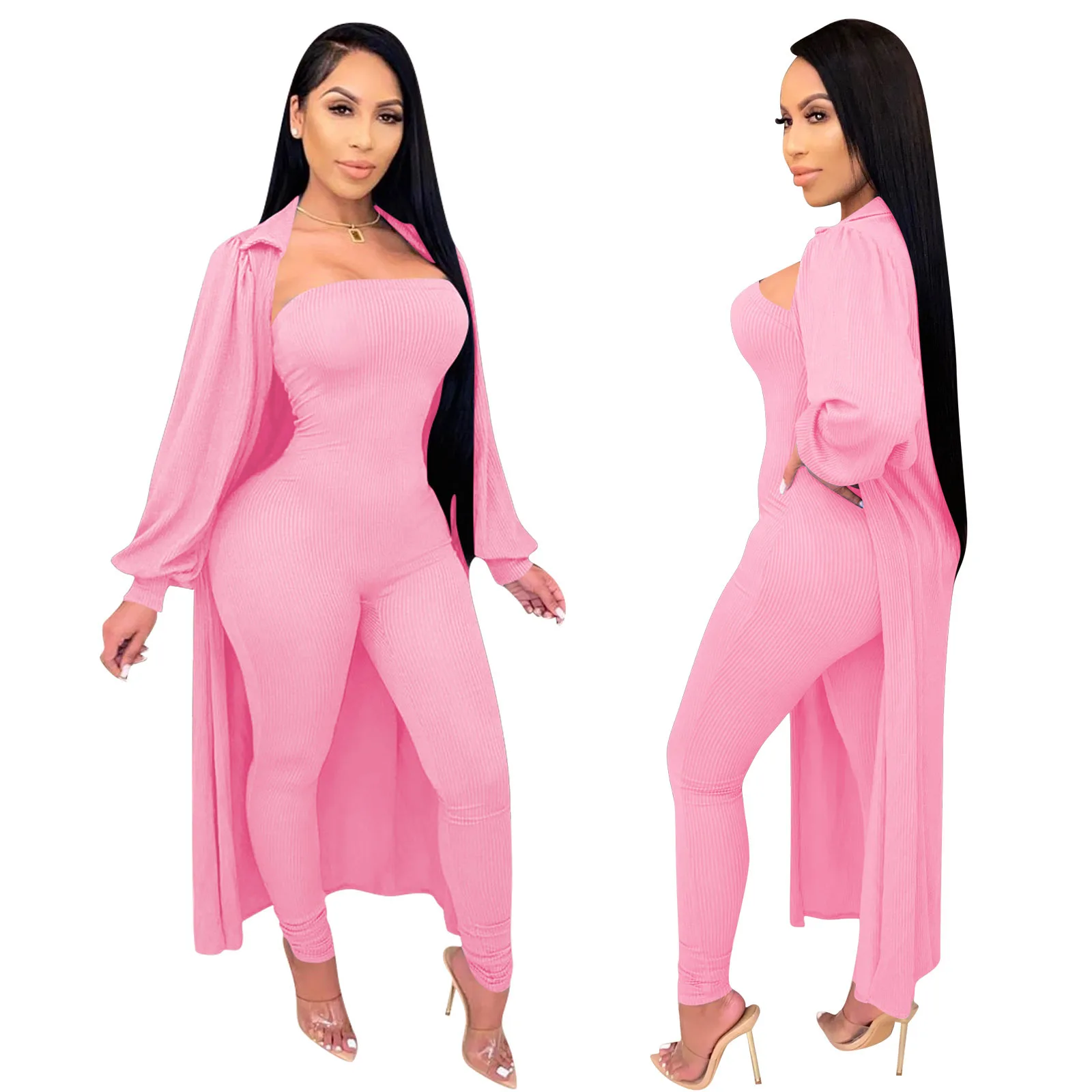 

Women Casual Set Bodycon Strapless Jumpsuit+Cape Coat Suit Female 2PCS Outfits High Elastic Striped Women Two Piece Sets