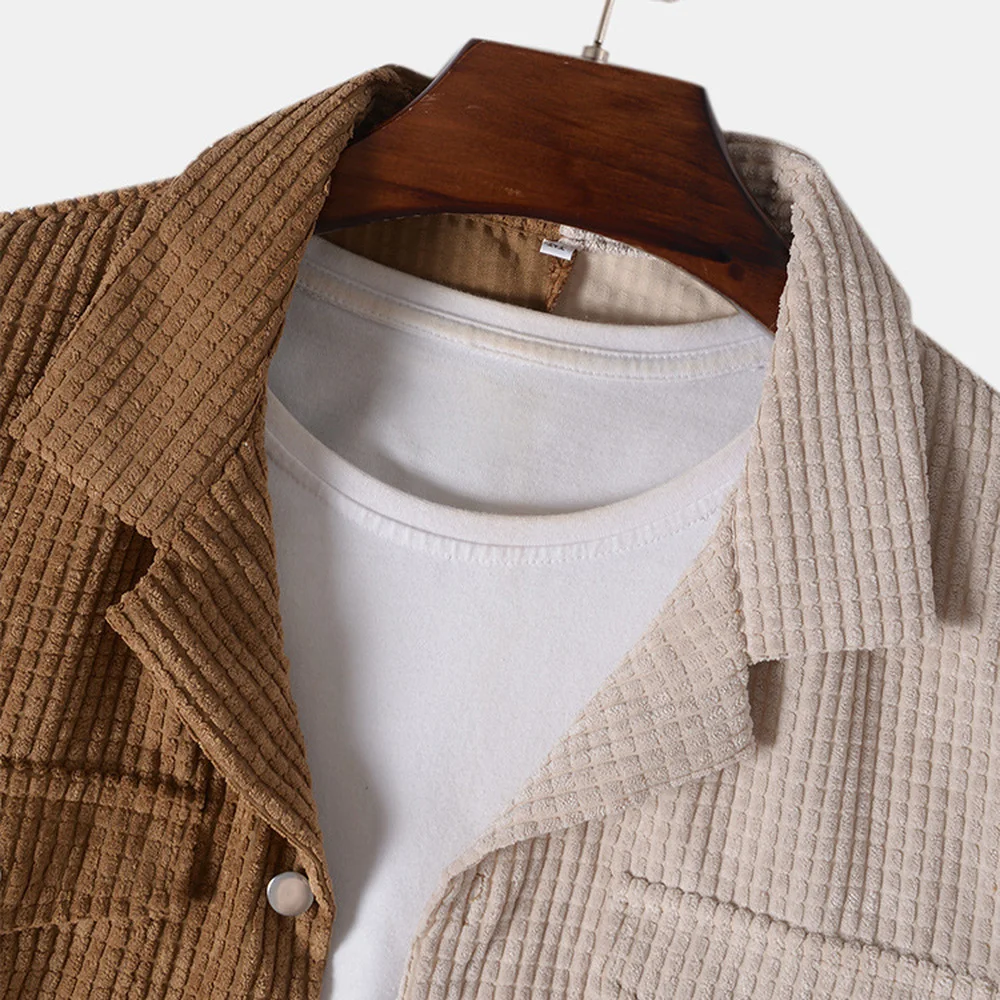 2021 Men Color Block Shirts Tops Corduroy Long Sleeve Casual Jackets Shirts Japanese Lapel Shirts Chest Pockets Black White