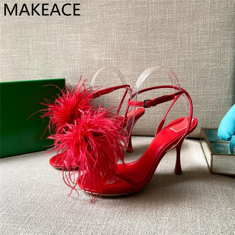 

Multicolor real leather High Heel Women Sandals Strap Buckle Leather Party Wedding Shoes Fluffy Feather Summer Runway Shoes