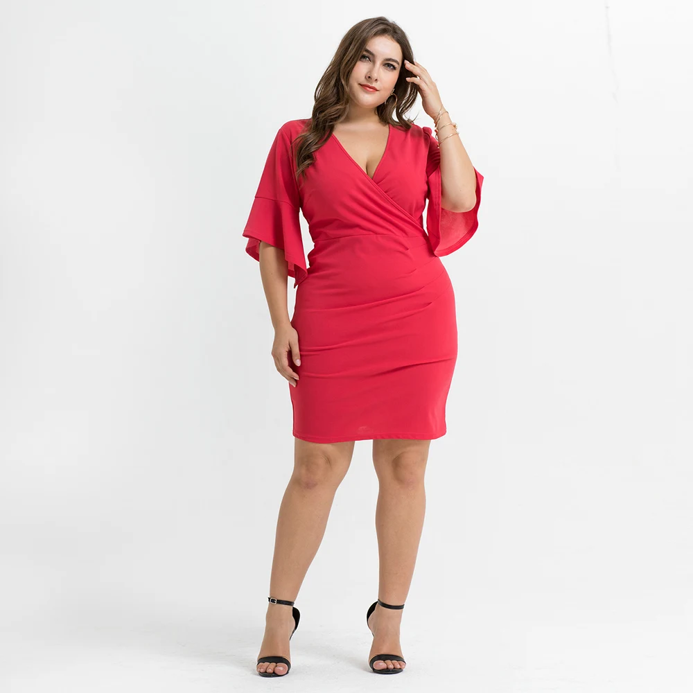 Женское платье-трапеция с V-образным вырезом Расклешенным рукавом | Женская