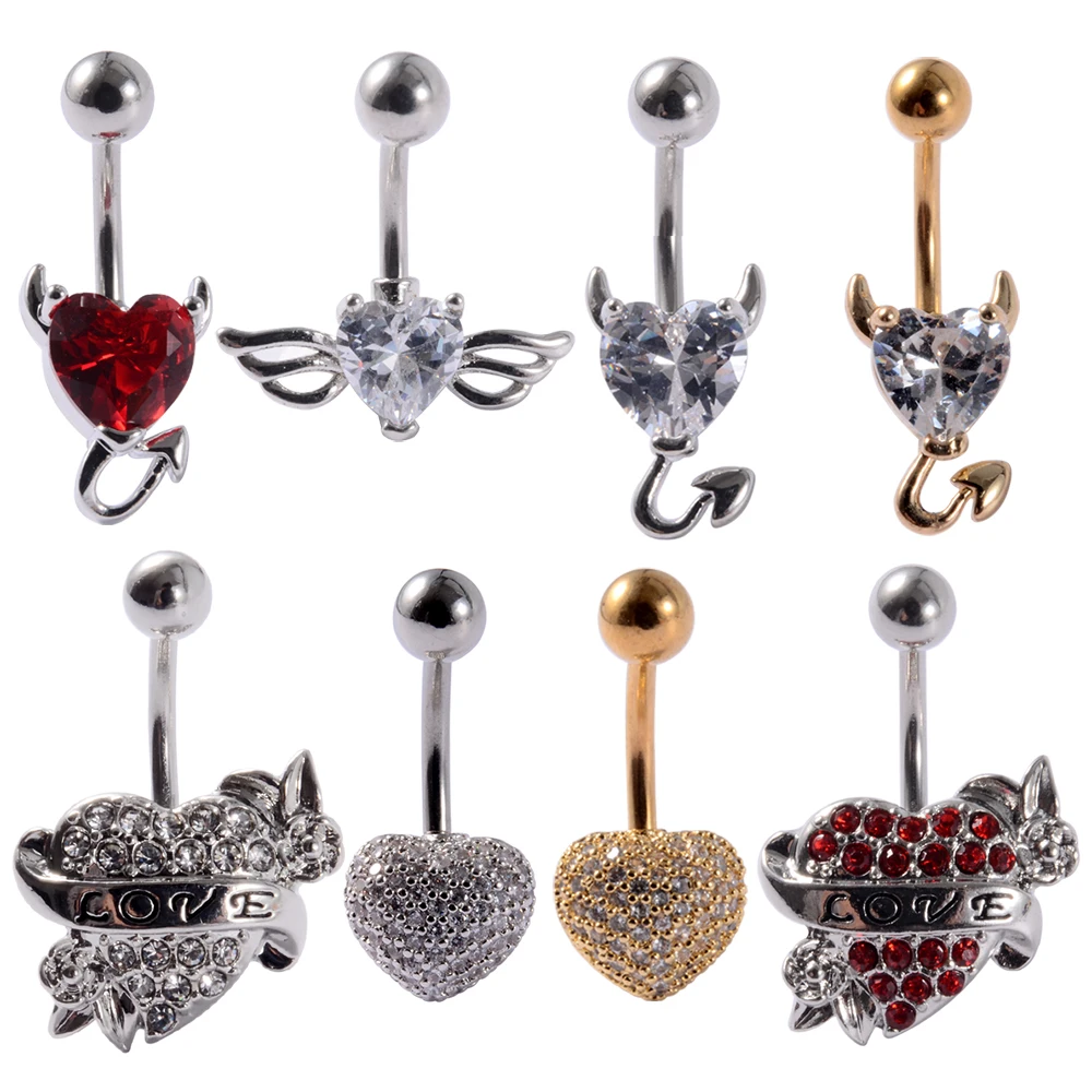 1Pc 14g Navel Piercing Devil Heart Wing Belly Button Ring Surgica Steel Zircon Skull Curved Navel Body Jewelry
