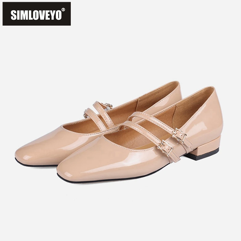 

SIMLOVEYO 2021 New Concise Ladies Flats Mary Janes Square Toe Instep Belt Buckle 1.5CM Chunky Heel Size 33-46 Apricot Red A4382