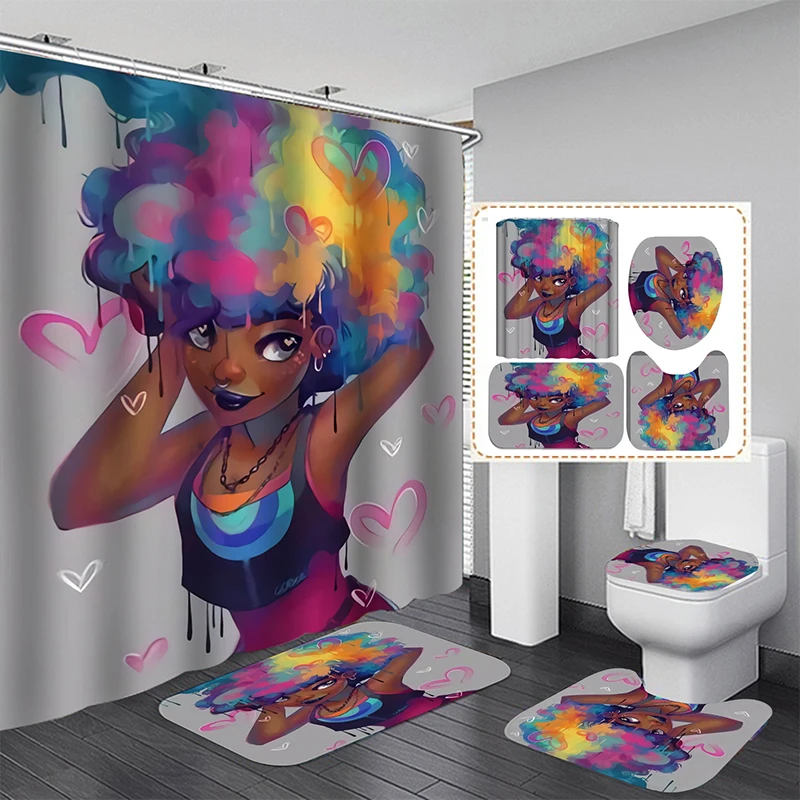 cute african girl shower curtain set waterproof bathroom curtains with anti slip bath mat toilet lid cover doormat kitchen rugs free global shipping