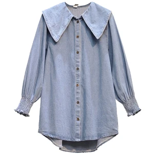 Женская Джинсовая блузка, винтажный Топ с длинным рукавом, модная одежда, рубашки для женщин на весну и осень, A6251, 2021