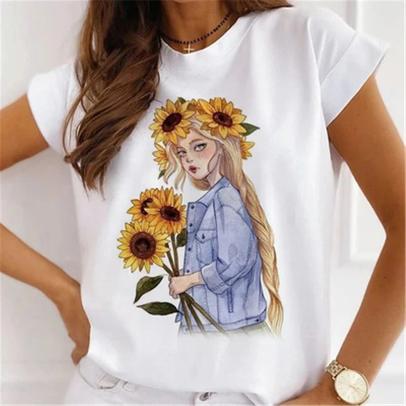 

Girls Sunflowers Printed Tshirts Summer New Fashion Short Sleeve Women T-shirt Ladies Harajuku Casual O-neck Tops Tee