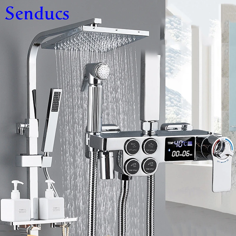 

New Electroplating Digital Bathroom Shower Set of Four modes Wall Mounted Gold Shower Head Thermostatic Bath Shower Set