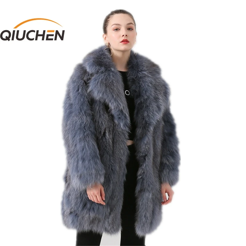 Женское длинное пальто с лисьим мехом QIUCHEN зимнее из натуральной кожи модель PJ19047