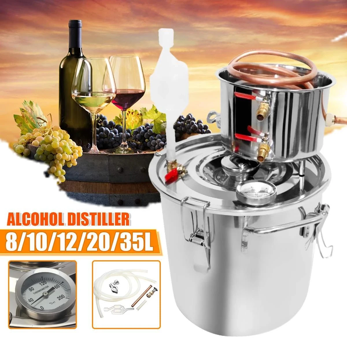 

2 Gallon 8L Distiller Alambic Moonshine Alcohol Still Stainless Copper DIY Home Brew Water Wine Brandy Essential Oil Brewing Kit