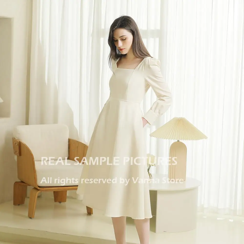 Soft Satin Wedding Bridesmaid Gown Long Sleeve Bridal Shower Engagement Pictures Tea Length Cheap 2020 Bridal Dresses #808CX